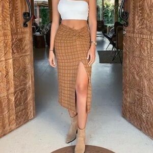 ZARA twist front knotted high waisted plaid midi skirt slit brown orange size XS